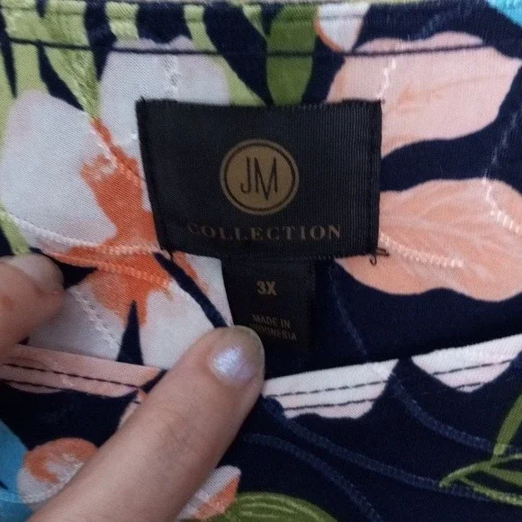 JM Collection Shirt 3X Popover Floral Leaf Tropical Print Shirt Long Sleeve - Picture 3 of 8